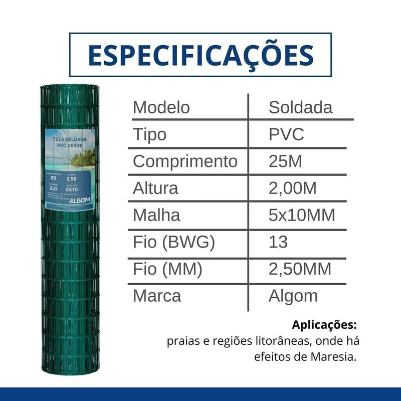 Tela Soldada Pvc Verde (5x10) 2,0m X 25m Fio 2,5mm Algom