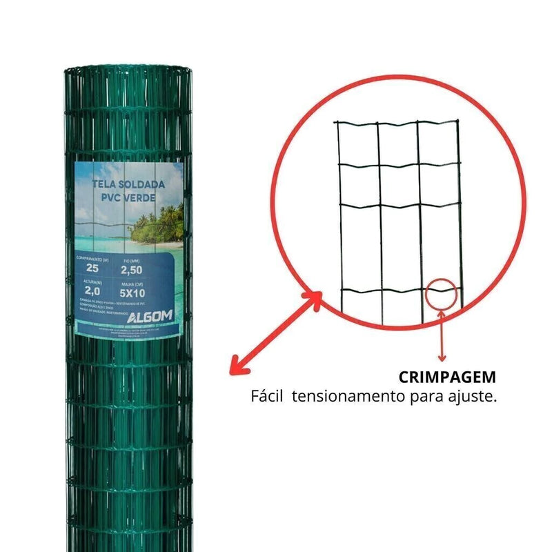 Tela Soldada Pvc Verde (5x10) 2,0m X 25m Fio 2,5mm Algom