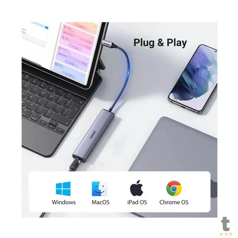 Adaptador Ugreen USB-C 3.1 para RJ45 Gigabit + USB CM475 Cinza