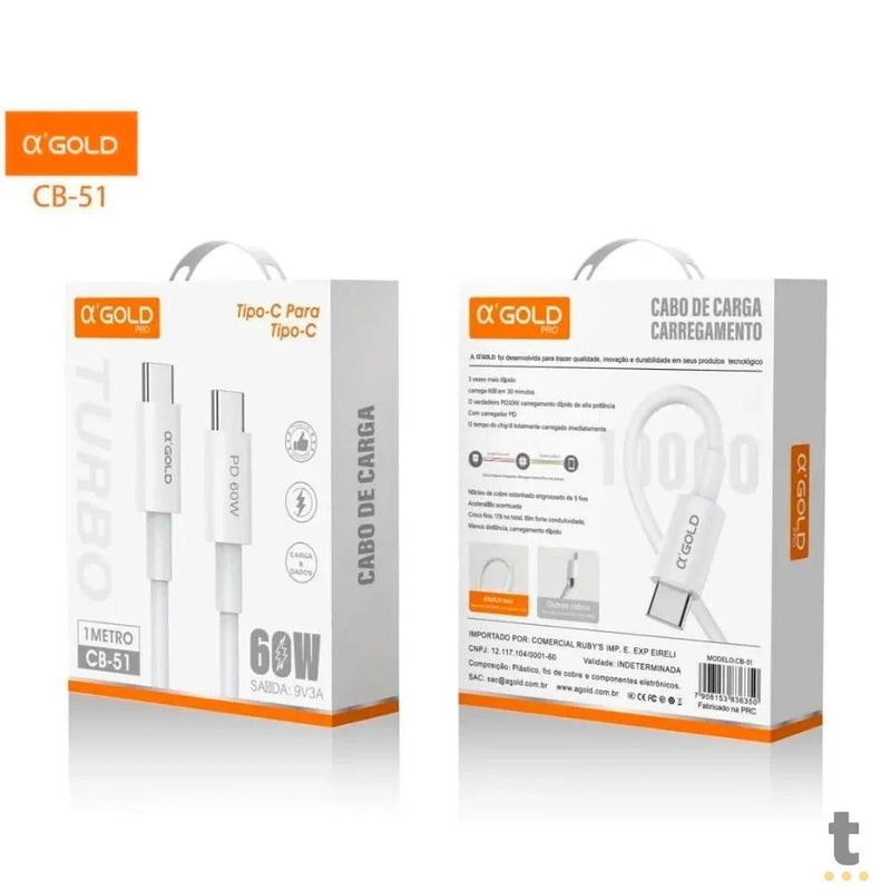 Cabo de Dados Tipo C P/ Tipo C 60w 1M 9v/3.0a aGold - CB-51