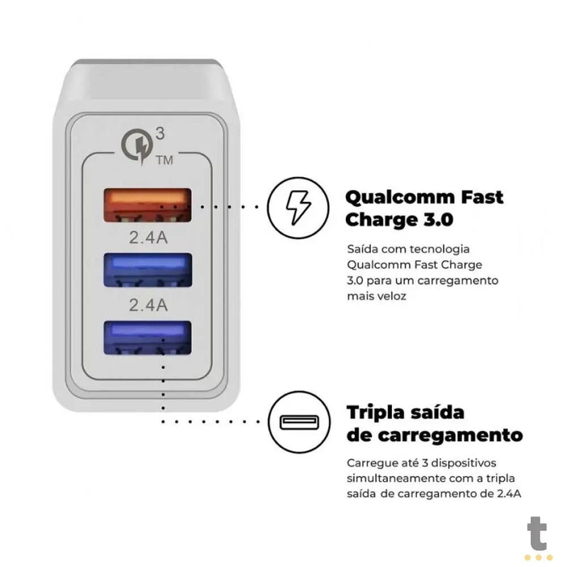 Carregador De Parede GShield Triplo USB Turbo 18W Branco S/ Cabo - GNL3Y2K72-IP