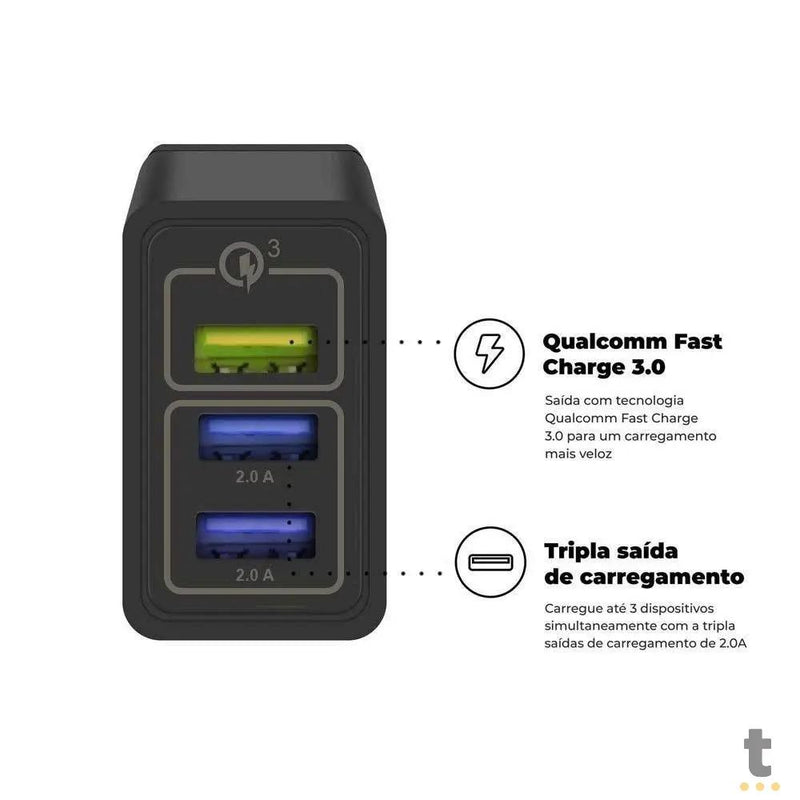 Carregador De Parede GShield Triplo USB Turbo 18W Preto S/ Cabo - NFQRZ4M4Y-IP