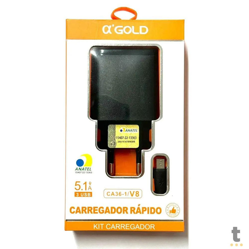 Carregador De Parede aGold 3 Usb C/ Cabo V8 5.1A - CA36-1