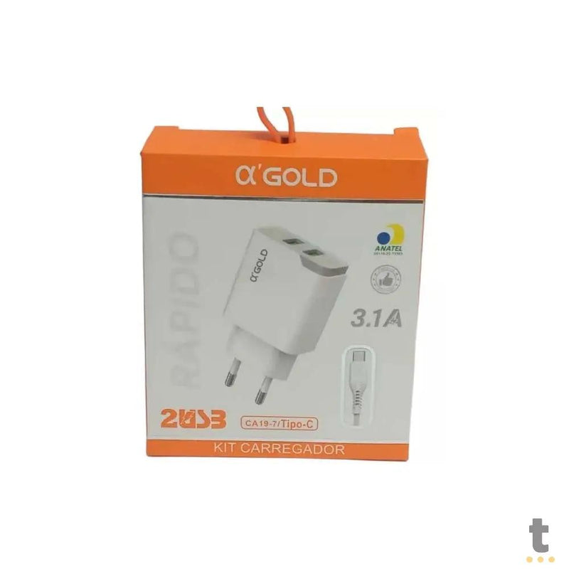 Carregador De Parede aGold C/ 2 Saídas USB + Cabo Usb Tipo C 3.1A - CA19-7 / Tipo-C