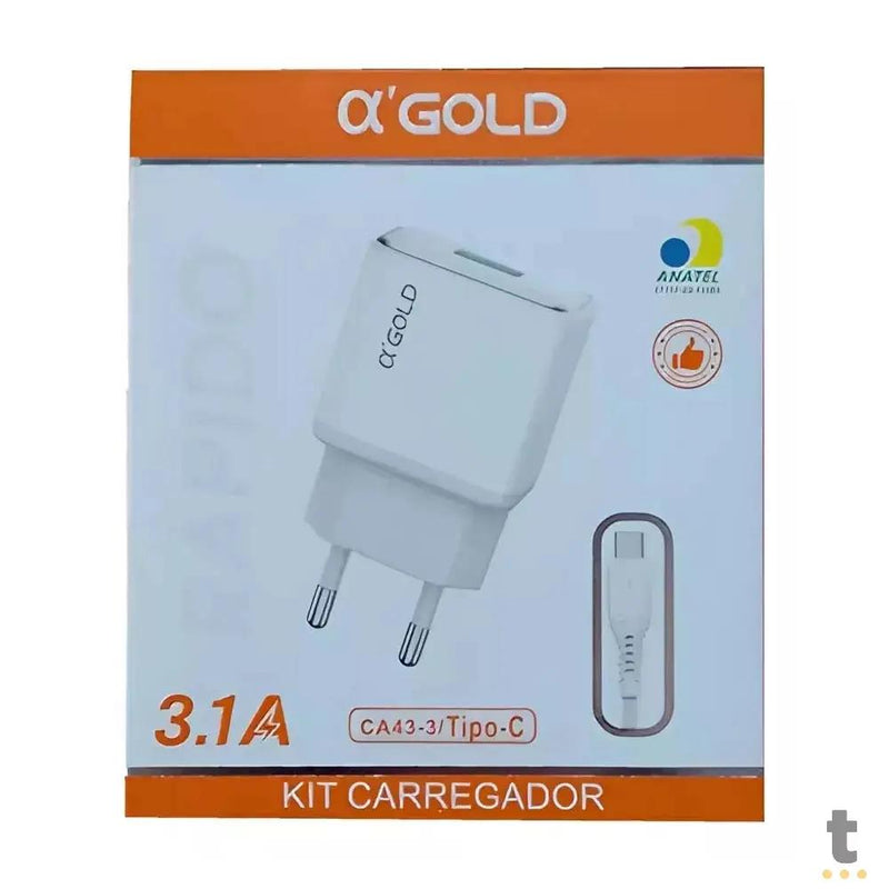 Carregador De Parede aGold USB + Cabo Usb Tipo C 3.1A - CA43-3 / Tipo-C