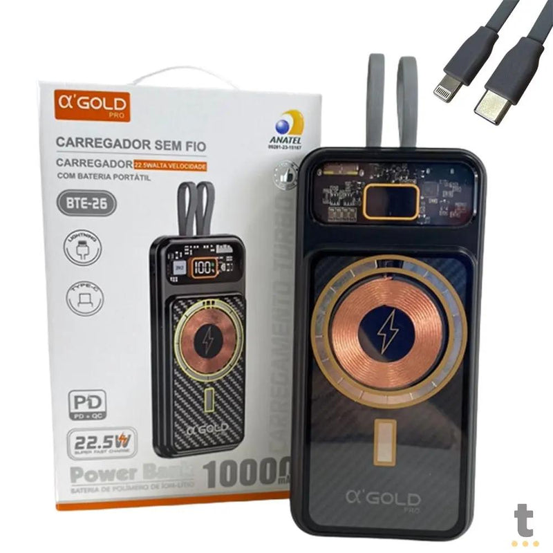 Carregador Portátil Power Bank Lightning / Tipo C / Sem Fio AGold Fast Charge 22.5W 10000Mah - BTE-26