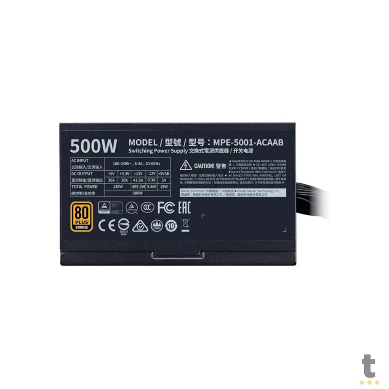 Fonte Real Atx 500w Cooler Master MWE 80 Plus Bronze PFC Ativo Preto -  MPE-5001-ACAAB-WO