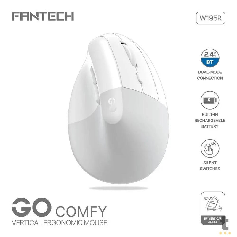 Mouse Sem Fio Ergonomico Fantech Go Comfy Silent 1600Dpi Ajustável 7 Botões Branco - W195R