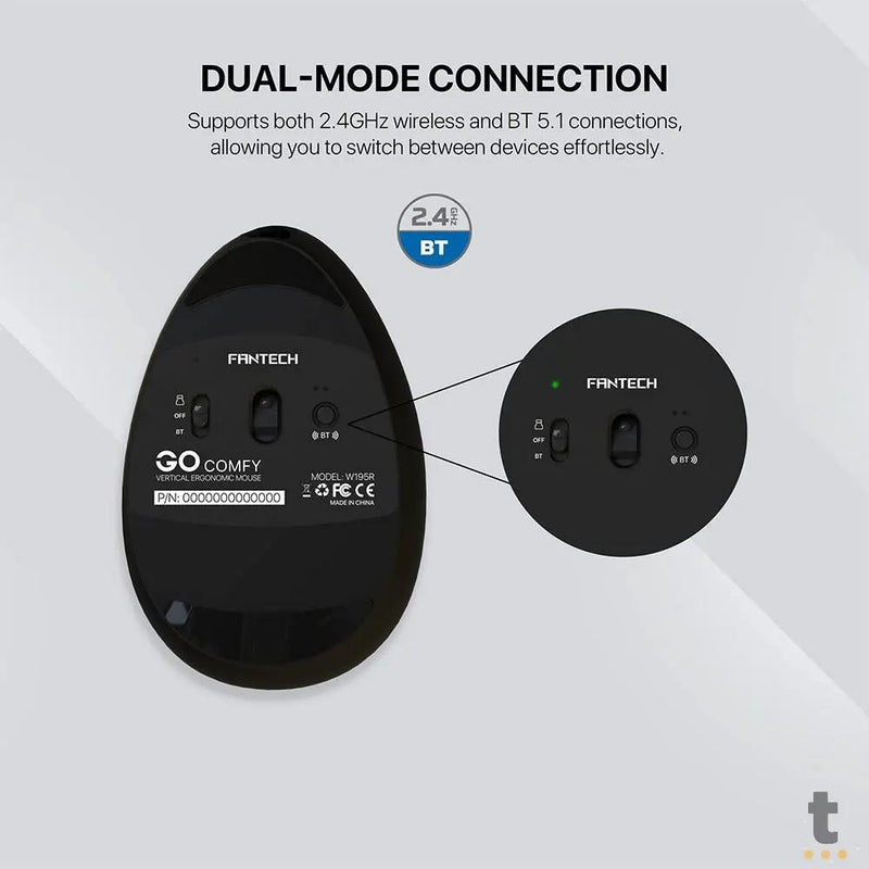 Mouse Sem Fio Ergonomico Fantech Go Comfy Silent 1600Dpi Ajustável 7 Botões Cinza - W195R