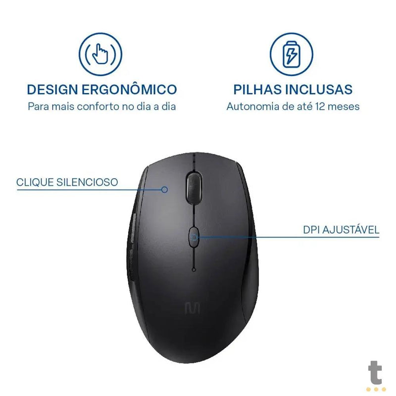 Mouse Sem Fio Multilaser Mo381 Clique Silencioso Preto 1600dpi