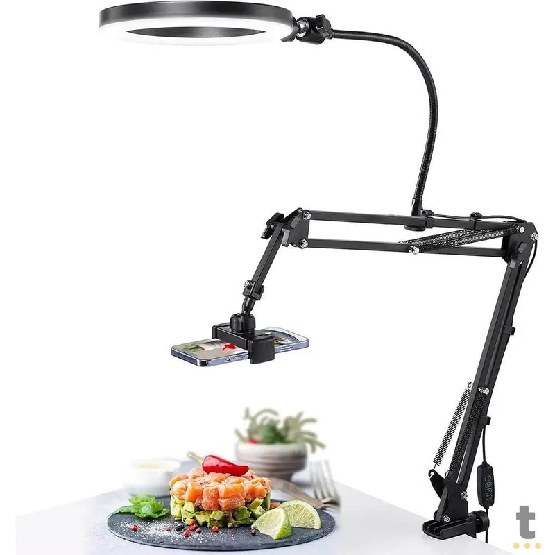 Suporte De Mesa Para Celular com Braço Articulado e Ring Light Branco Oberon - OR-PL31