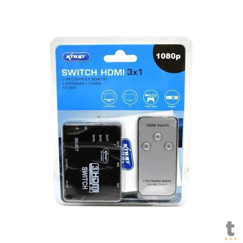 Switch Hdmi 3 Portas Knup 1080p - KP-3464 - Conecta Até 3 Aparelhos Em 1 Monitor