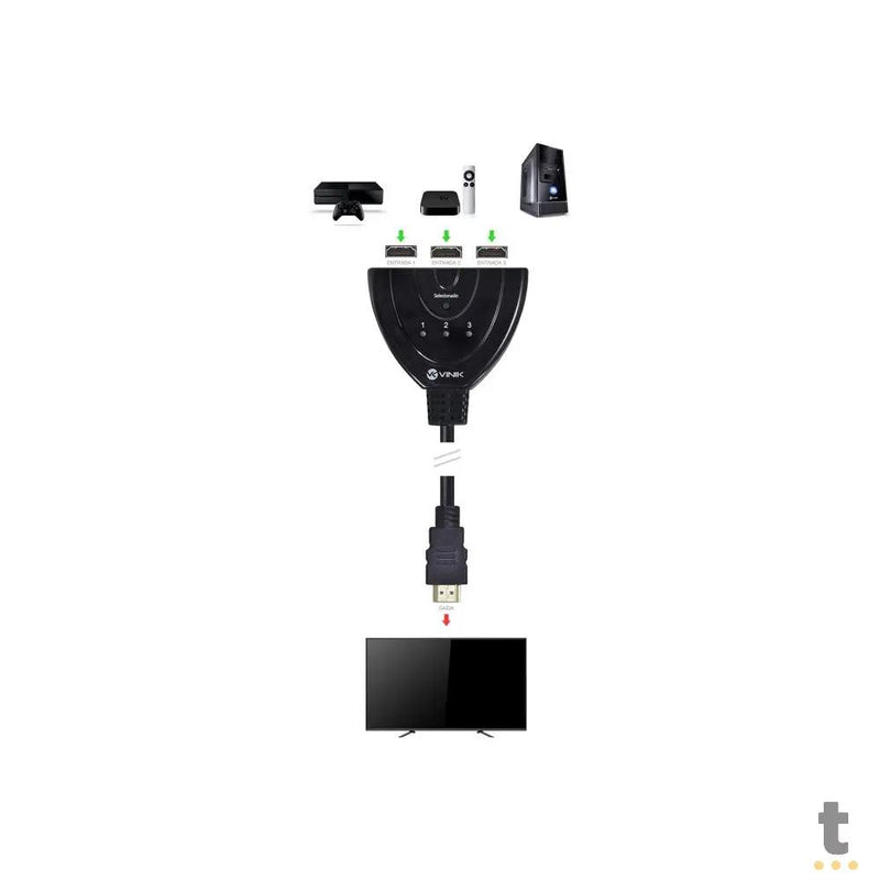 Switch Hdmi 3 Portas Vinik - Com Suporte - Conecta Até 3 Aparelhos Em 1 Monitor