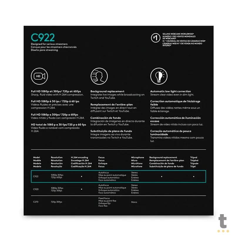 Webcam Logitech C922 Pro Full Hd 1080p 60fps Video Chamada Foco Automático Campo De Visão 78 Graus 960-001087